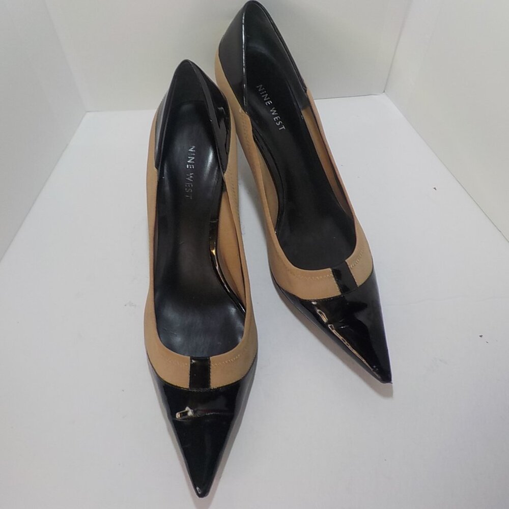 NINE WEST, Tan Textile Upper with Black Patent Leather Trim Detail